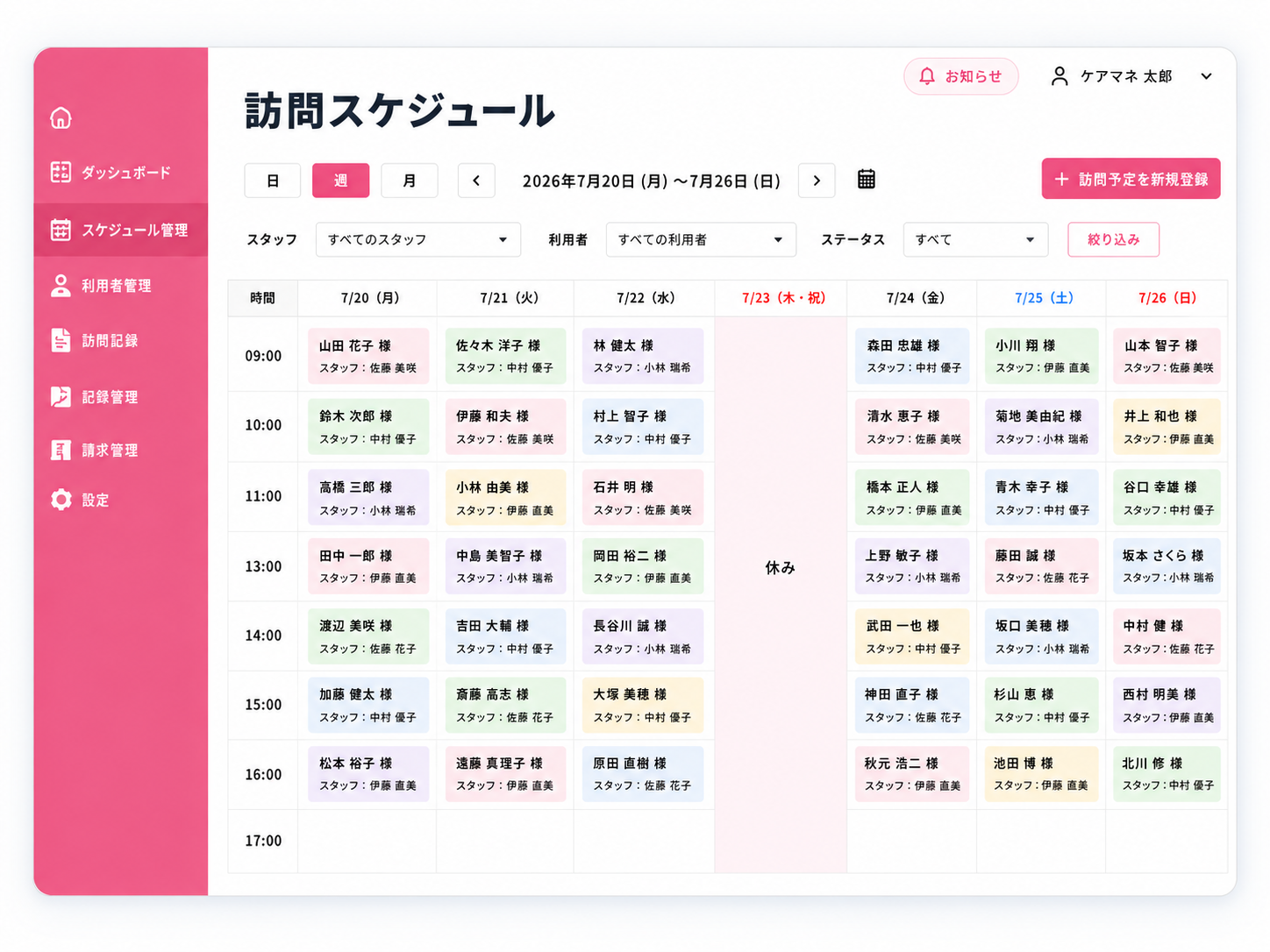 訪問看護向け記録管理システムの訪問スケジュール画面