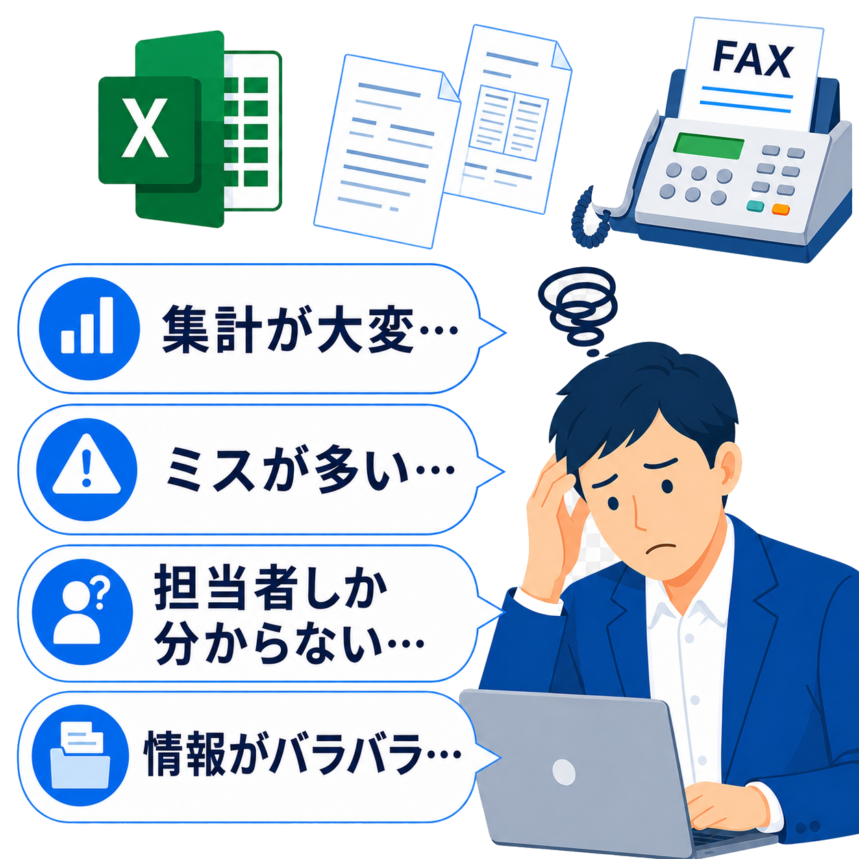 Excel・紙・FAXで管理している状態
